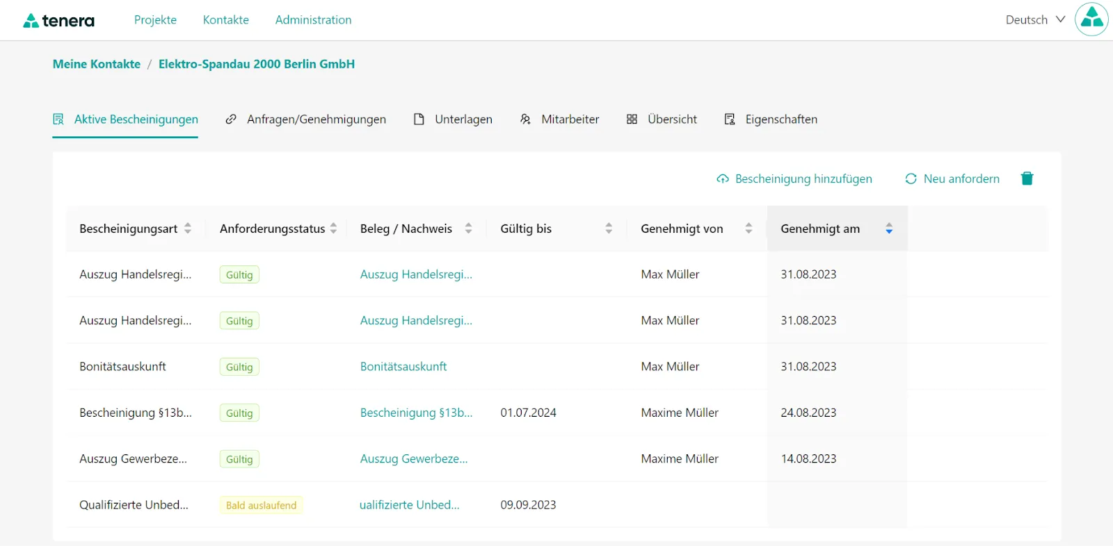 Liste mit Bescheinigungen